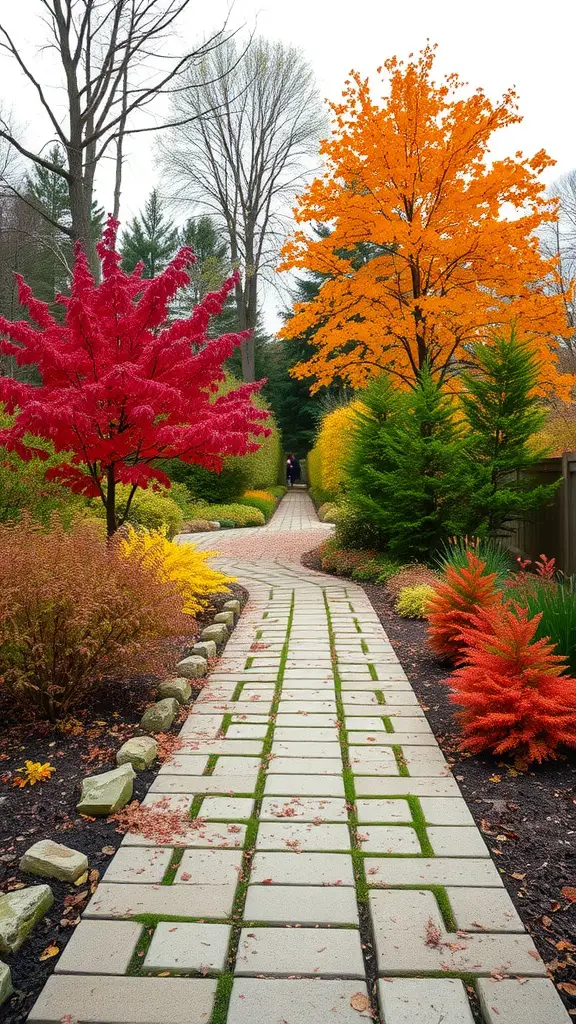 A beautiful garden pathway with stone borders surrounded by colorful autumn trees and plants.
