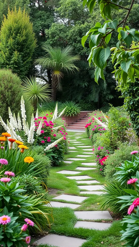 A picturesque garden pathway lined with colorful flowers and greenery, featuring stepping stones.