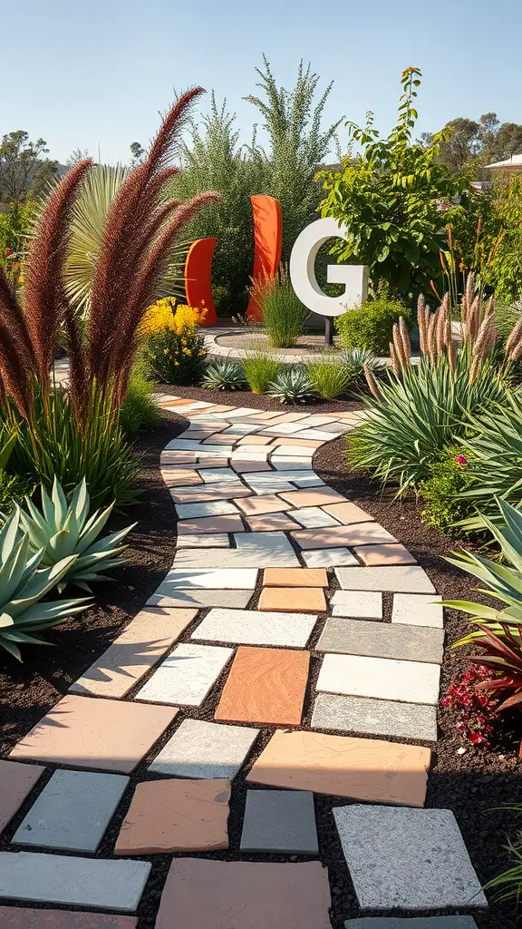 23 Inspiring Modern Garden Ideas to Transform Your Outdoor Space 14 A winding garden pathway made of colorful stones surrounded by lush greenery.