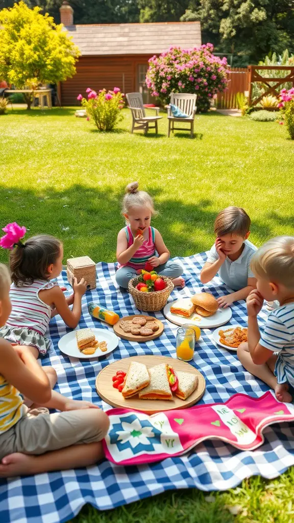 19 Fun Outdoor Birthday Party Ideas for Kids 8 Children enjoying a picnic in a garden, surrounded by snacks and a sunny atmosphere.