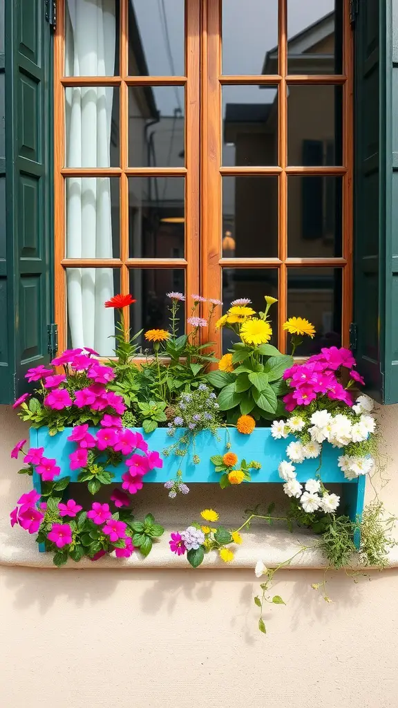 A colorful window box filled with various flowers placed beneath a window.