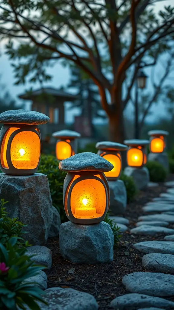 23 Creative Garden Rock Art Ideas to Brighten Your Outdoor Space 14 A pathway lined with glowing rock lanterns surrounded by greenery in a garden.