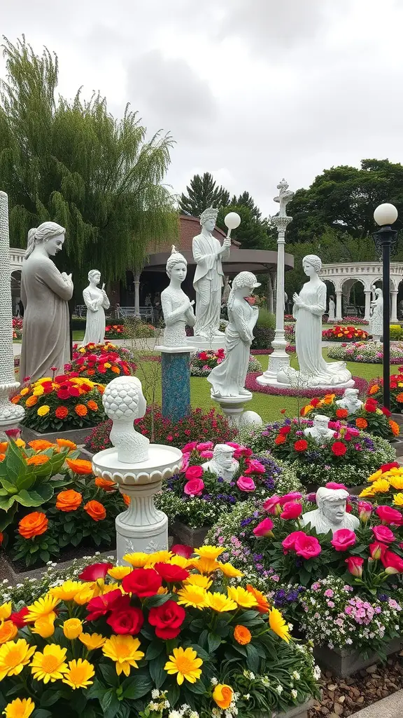 A garden filled with white sculptures and blooming flowers in vibrant colors.