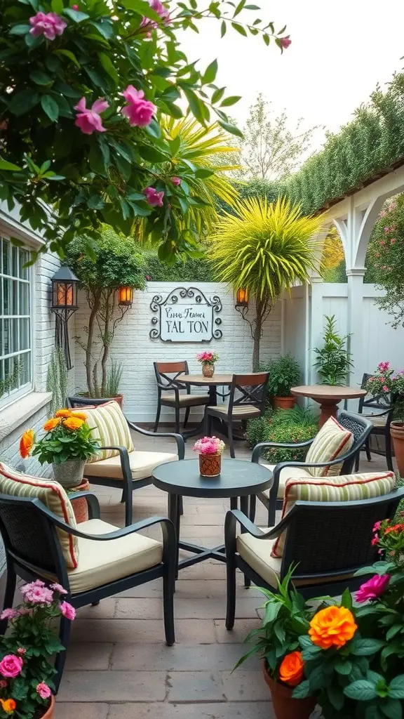 Cozy garden seating area with lush plants and flowers