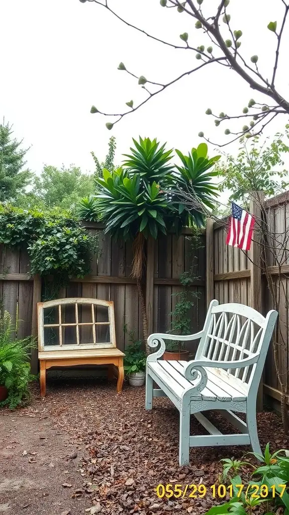 Two garden benches with one featuring a window frame backrest, surrounded by plants.
