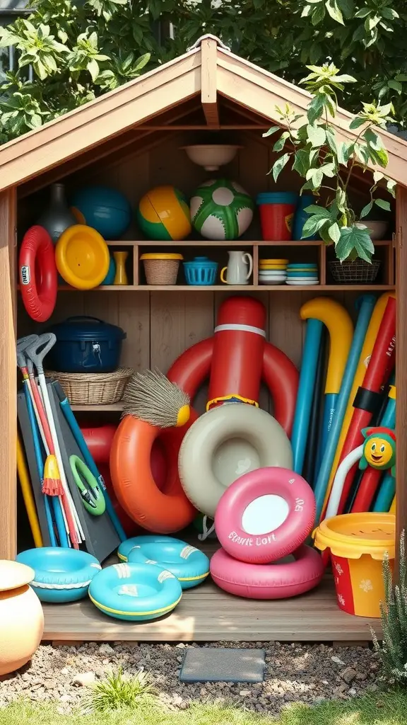 15 Creative Pool Toy Storage Ideas to Keep Your Backyard Organized 13 A garden shed filled with colorful pool toys and accessories, neatly organized for easy access.