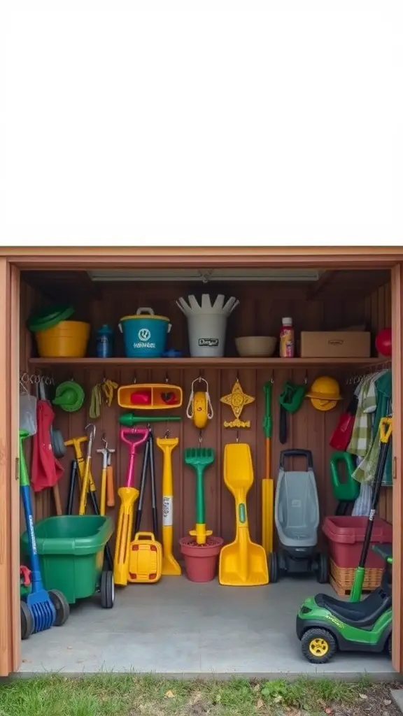 23 Creative Outdoor Toy Storage Ideas for a Clutter-Free Yard 2 An organized garden shed with colorful toys and tools neatly arranged.