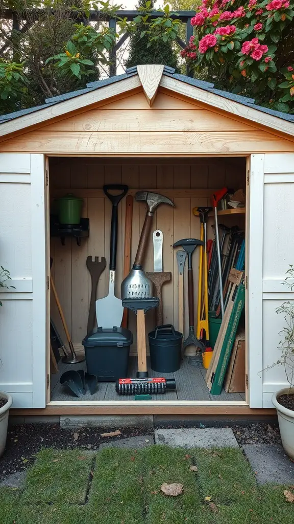 A neatly organized garden shed with sliding doors, showcasing various gardening tools and equipment.