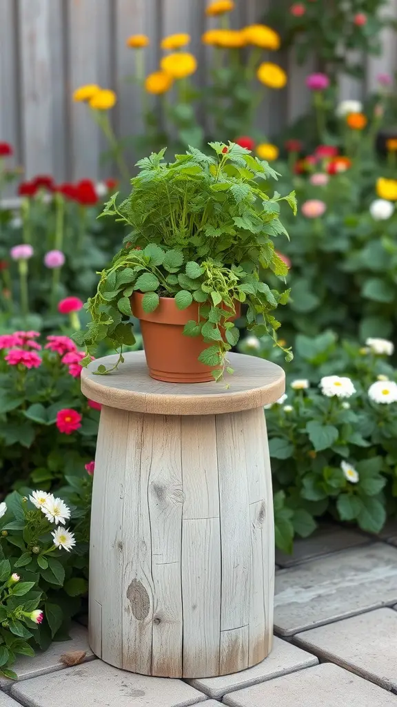 A wooden garden stool with a potted herb on top, surrounded by colorful flowers.