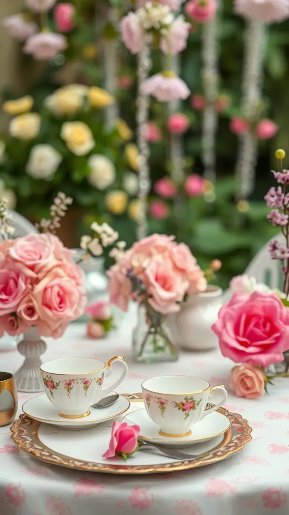 A beautifully arranged garden tea party table with floral decor, featuring delicate china cups and fresh flowers.