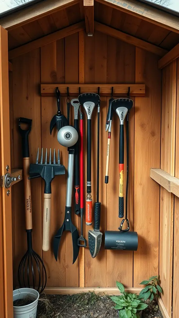 23 Genius Shed Organization Tips for Small Spaces 8 Wooden shed interior with garden tools neatly hung on a rack.