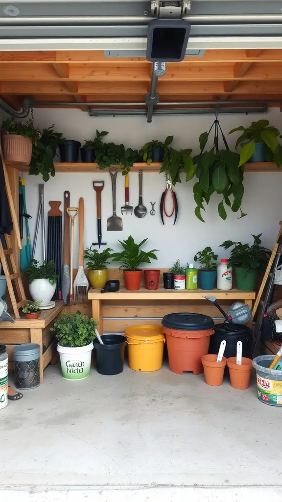 29 Creative Garage Interior Ideas You’ll Love 14 Organized gardening corner in a garage with shelves, plants, and gardening tools.