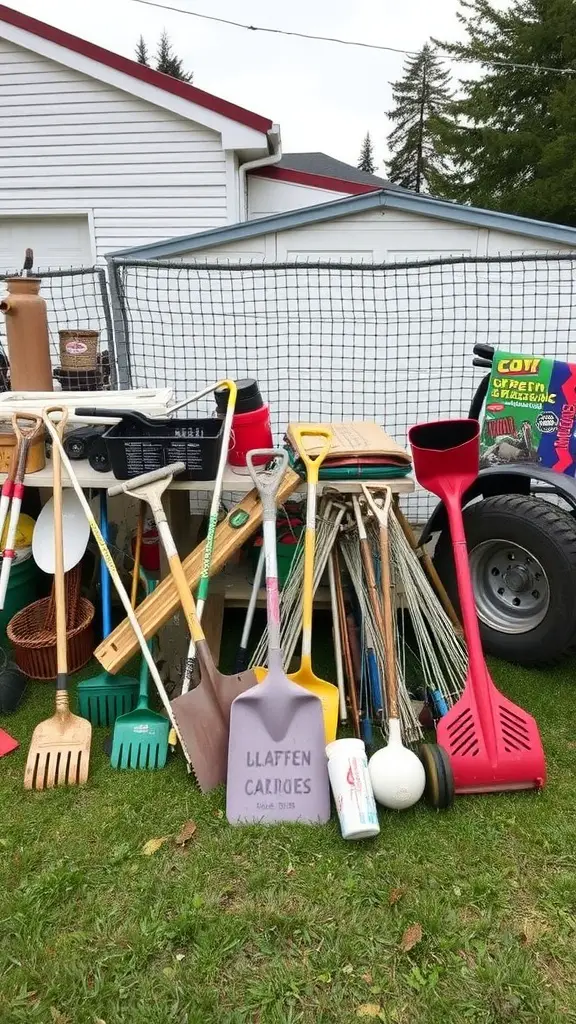 21 Creative Garage Sale Ideas to Boost Your Sales 7 A collection of gardening tools and outdoor equipment displayed at a garage sale.