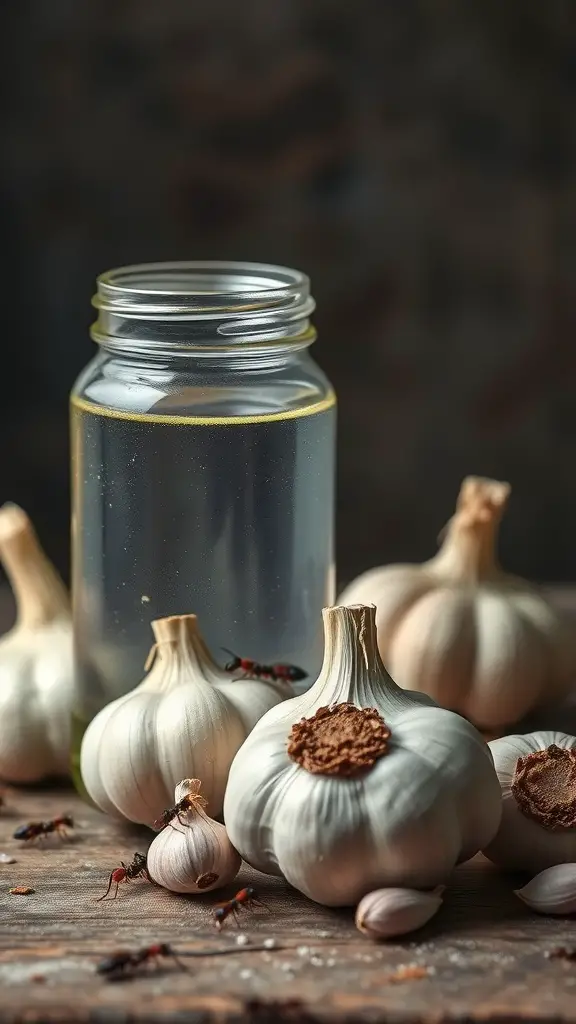 15 Effective DIY Indoor Ant Repellents You Can Make at Home 17 A jar of garlic water with several garlic bulbs and ants on a wooden surface