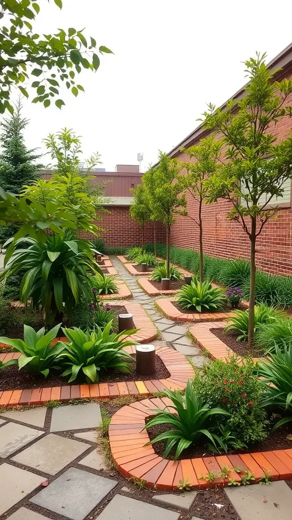 29 Creative Brick Garden Edging Ideas to Transform Your Outdoor Space 4 Garden with geometric brick patterns and lush greenery