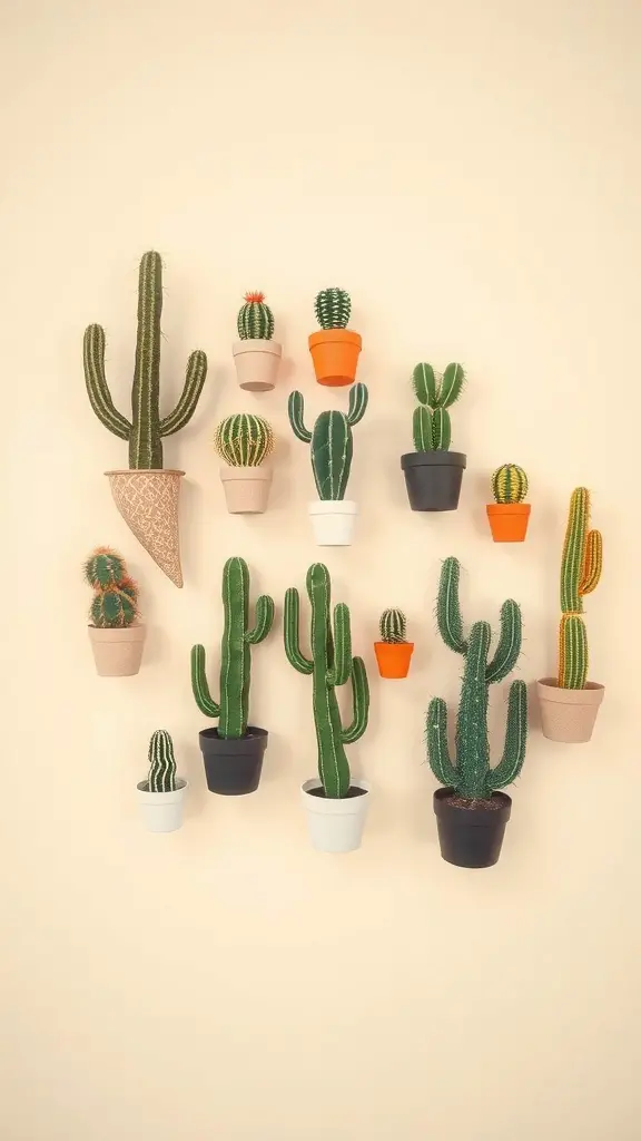 17 Inspiring Indoor Plant Wall Designs Featuring Cacti 12 Geometric arrangement of various cacti in colorful pots on a light wall.