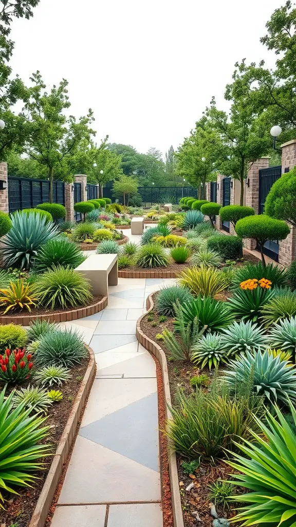 23 Inspiring Modern Garden Ideas to Transform Your Outdoor Space 10 A modern garden with geometric plant arrangements, featuring winding paths and various plants.