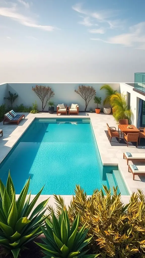Geometric pool surrounded by modern landscaping and seating area.