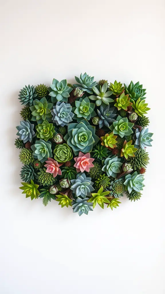 21 Stunning Indoor Plant Wall Designs Featuring Succulents 2 A vibrant geometric arrangement of various succulents, showcasing shades of green and pink.