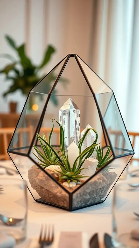 25 Stunning Wedding Table Centerpieces to Inspire Your Big Day 16 A geometric terrarium centerpiece featuring crystals and greenery.