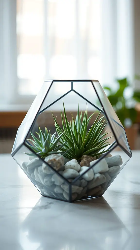 27 Stunning Wedding Round Table Centerpieces You Need to See 9 A geometric terrarium with air plants and small stones inside.