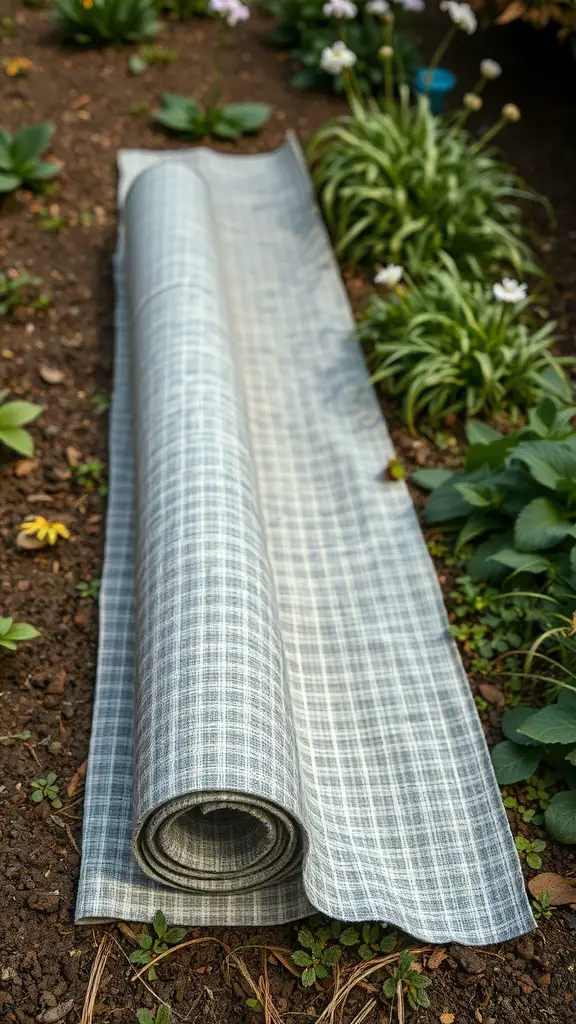 15 Creative Weed Barrier Ideas for Your Garden 10 A rolled out piece of geotextile fabric on soil, surrounded by green plants in a garden.