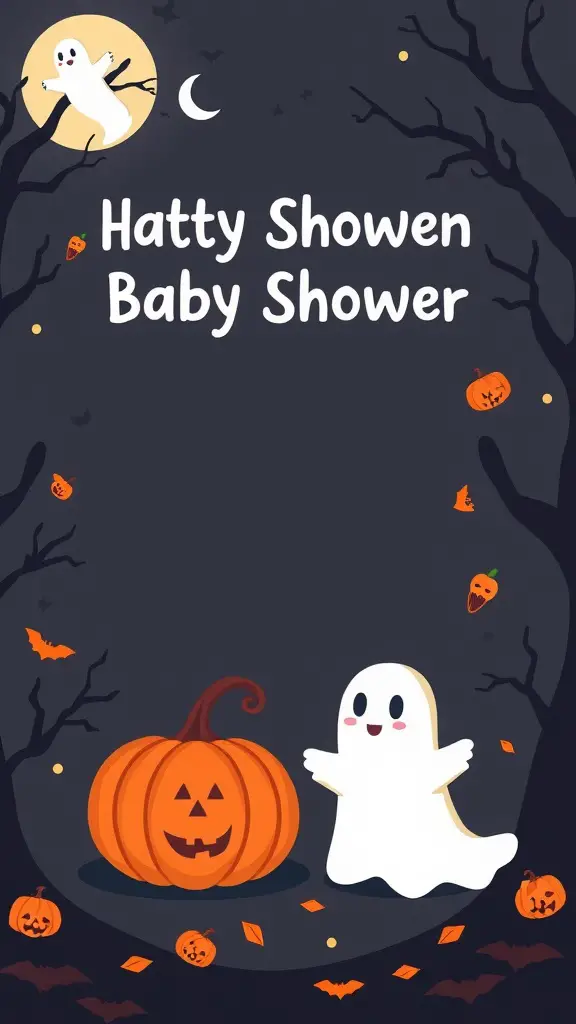 19 Creative Halloween Baby Shower Ideas to Spook Up Your Celebration 4 A playful baby shower invitation featuring a friendly ghost and a carved pumpkin, set against a dark background with Halloween-themed decorations.