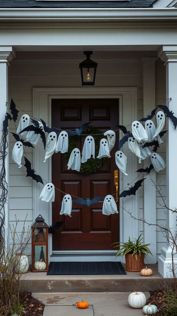 A front porch decorated with ghost and bat garlands, pumpkins, and a warm light.