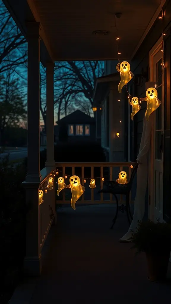 Porch decorated with ghostly string lights glowing in the evening
