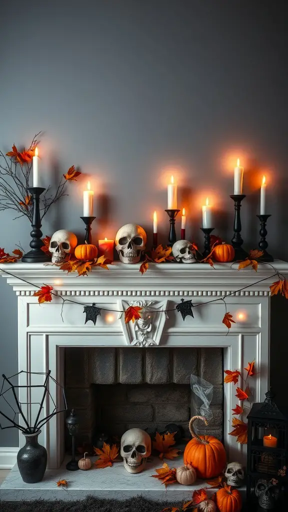 A decorated mantel for Halloween featuring skulls, pumpkins, and candles.
