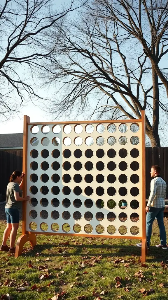 17 Fun Yard Games for Adults to Enjoy This Summer 13 Two people playing Giant Connect Four outdoors with a large board and trees in the background
