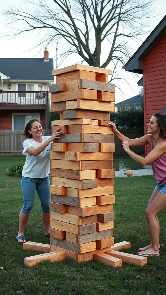 17 Fun Yard Games for Adults to Enjoy This Summer 2 Two women playing Giant Jenga outdoors with a large wooden tower.