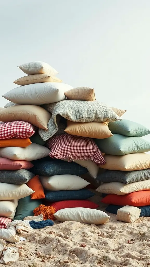 23 Creative Blanket Fort Ideas for Ultimate Cozy Fun 15 A stack of colorful pillows on a sandy surface, creating a cozy pillow fort.