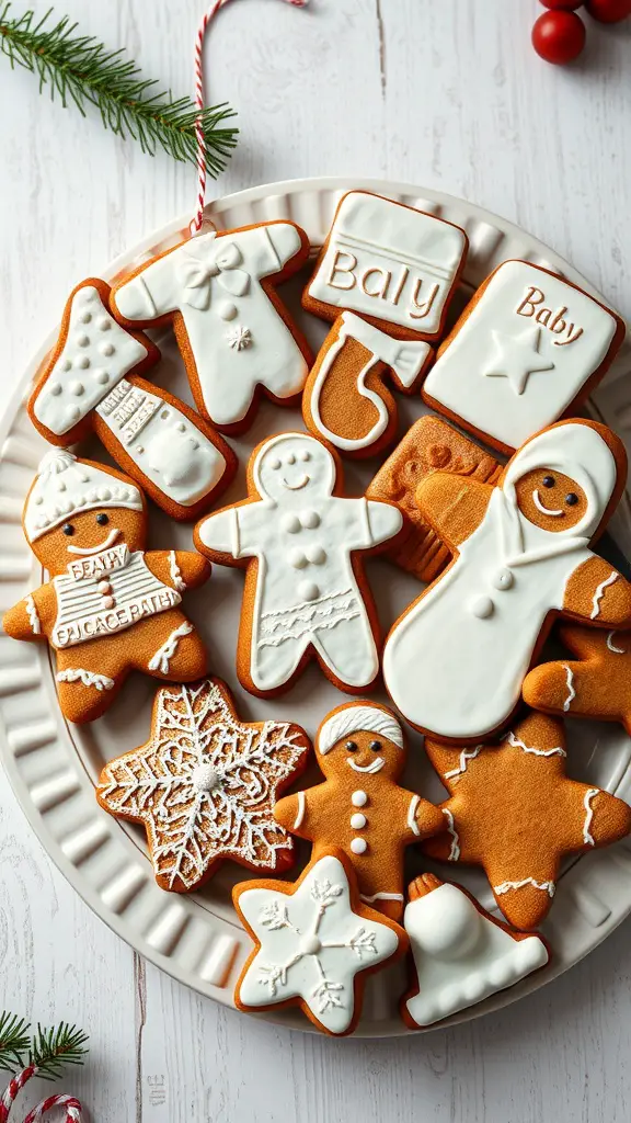 23 Creative Baby Shower Ideas for December Celebrations 15 A variety of decorated gingerbread cookies shaped like baby items and festive designs on a plate.