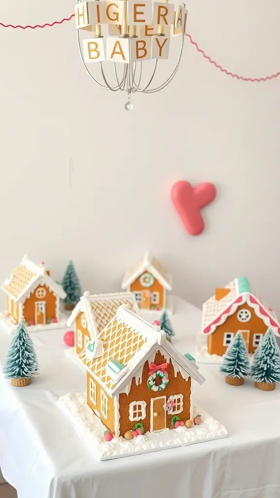 21 Creative Christmas Baby Shower Ideas You’ll Love 13 A festive gingerbread house crafting corner with decorated houses and mini evergreen trees for a Christmas baby shower.