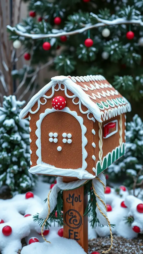 A mailbox decorated as a gingerbread house with colorful candy details in a snowy setting.
