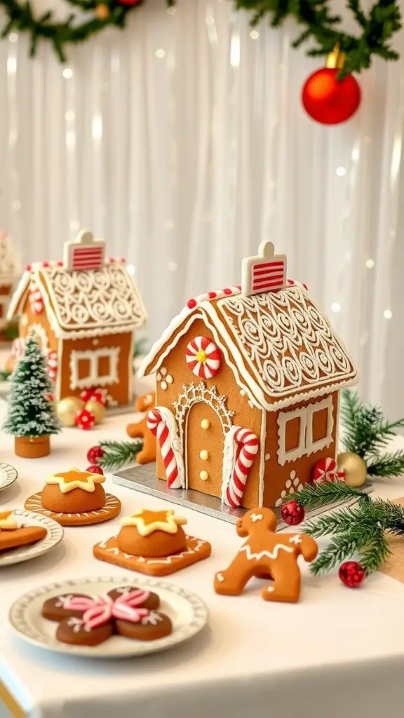 A festive gingerbread scene with decorated gingerbread houses and cookies.