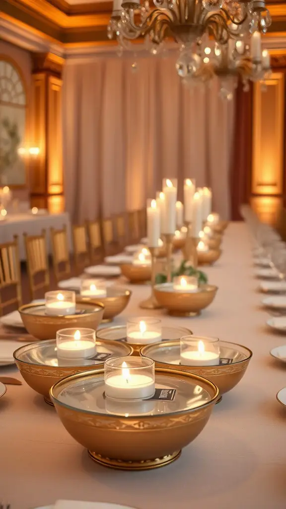 Floating candles in gold bowls on an elegantly set wedding table