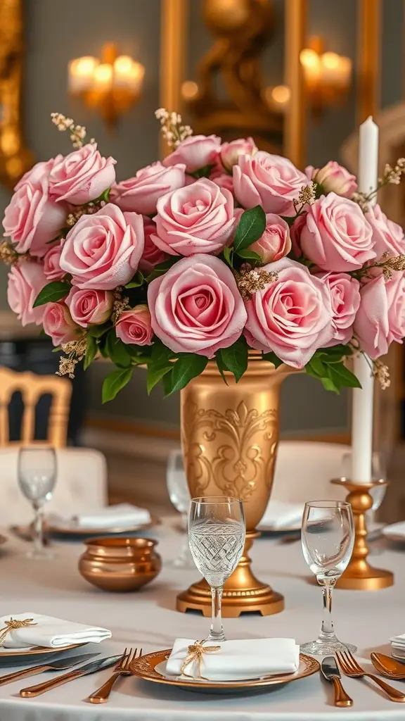 19 Stunning Wedding Floral Centerpieces to Inspire Your Big Day 17 A glamorous wedding centerpiece featuring pink roses in a gold vase on a beautifully set table.