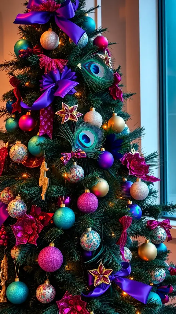 17 Creative Dollar Tree Christmas Tree Ideas on a Budget 13 A Christmas tree decorated with peacock feathers, colorful baubles, and vibrant ribbons