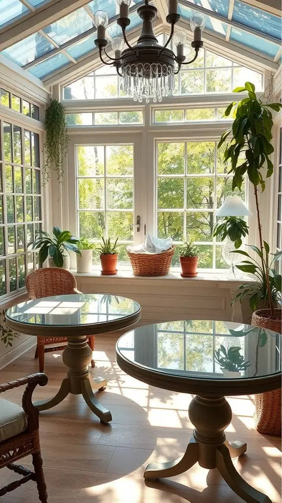 A sunroom with two round glass-top tables, wicker chairs, and a chandelier, surrounded by potted plants and large windows.