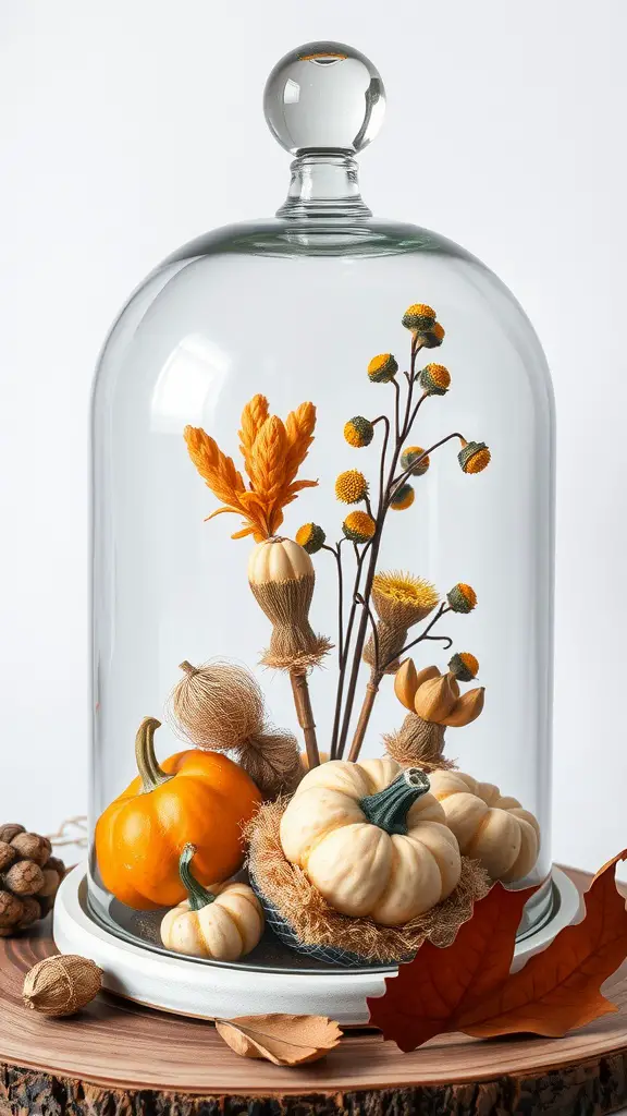 27 Stunning Wedding Round Table Centerpieces You Need to See 2 Glass cloche featuring seasonal decor with pumpkins and dried flowers