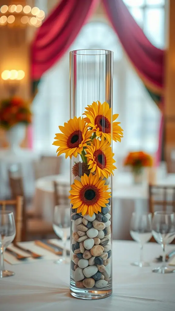 13 Stunning Sunflower Centerpiece Ideas for Your Home Decor 9 A tall glass cylinder filled with layered sunflowers and pebbles, set on a table with elegant decor.