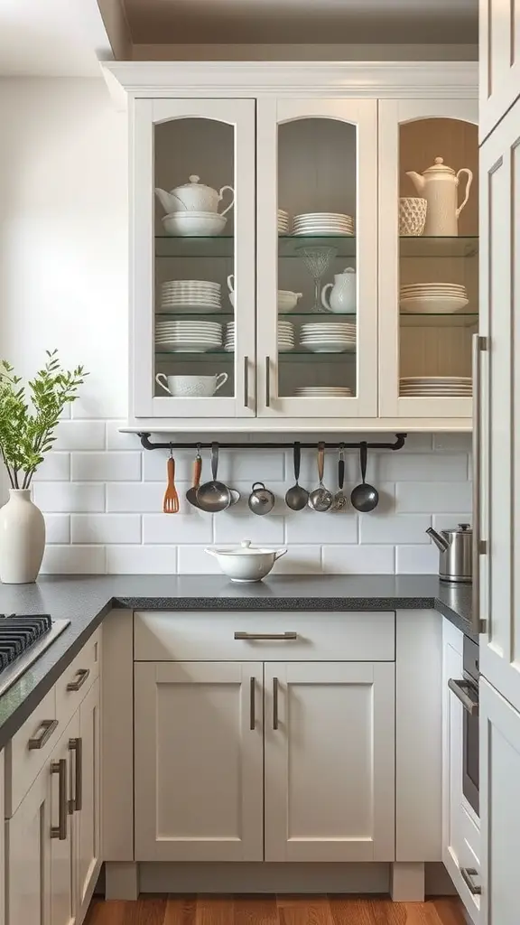 A kitchen corner showcasing glass front cabinets filled with white dishware, a sleek countertop, and hanging utensils.