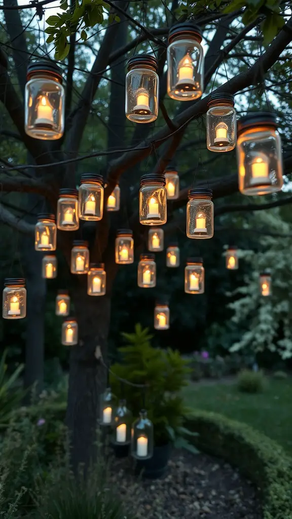 15 Creative Repurposed Items to Transform Your Garden 8 A tree decorated with hanging glass jars containing candles, glowing softly in a garden setting.