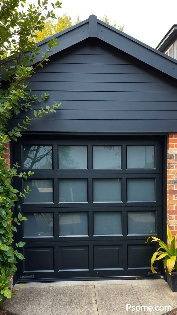 A black garage door with glass panel accents, surrounded by greenery.
