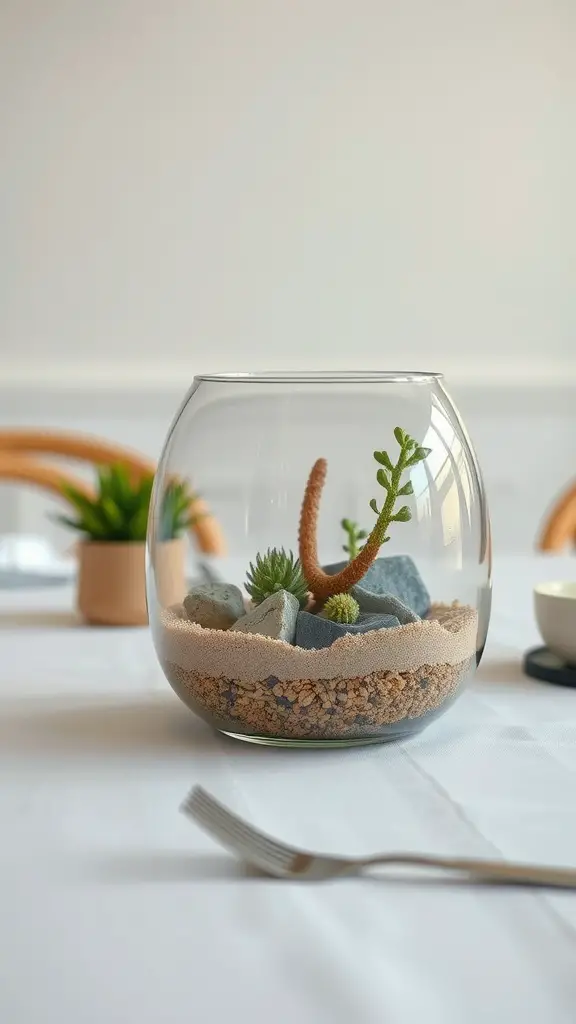 29 Stunning Dining Table Centerpieces for Every Occasion 11 A glass terrarium with plants and rocks, set on a dining table