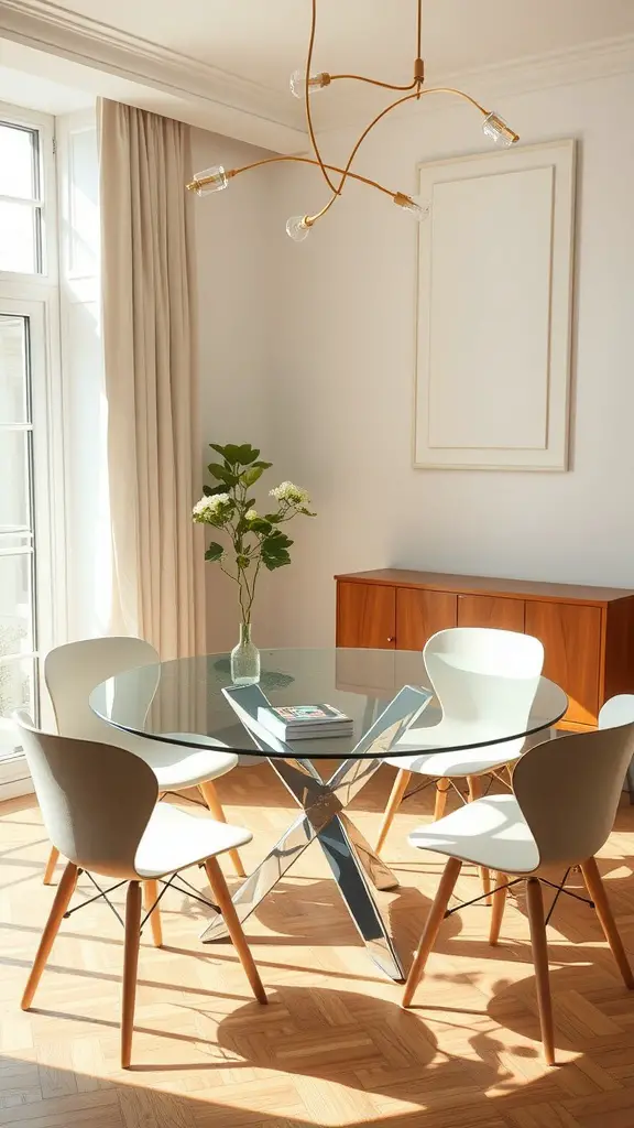 23 Creative Round Dining Table Ideas for Your Home 14 A modern dining setup featuring a glass top round table and stylish chairs, with natural light and a vase of flowers.