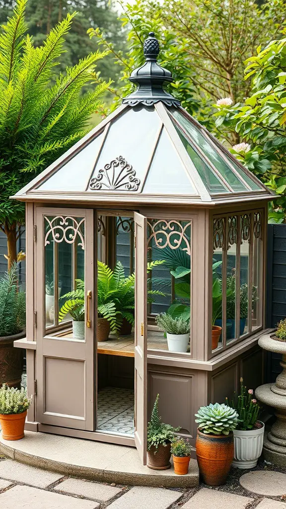 21 Creative Mini Greenhouse Ideas to Maximize Your Gardening Space 17 Glasshouse style mini greenhouse with decorative design and surrounding plants