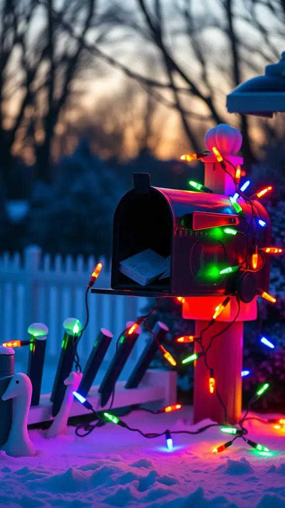 A festive mailbox decorated with colorful Christmas lights, surrounded by snow.